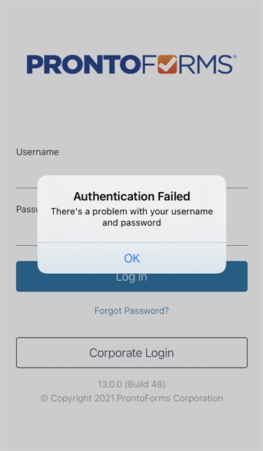 "Authentication Failed" login message for iOS