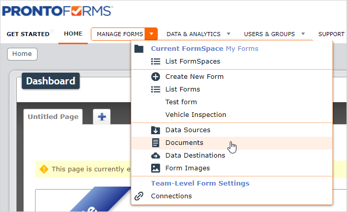 "Documents" in the Manage Forms tab