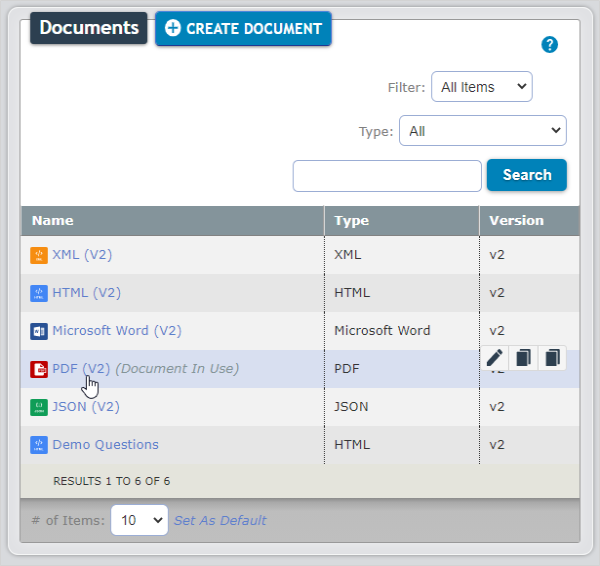 List of created documents in the web portal