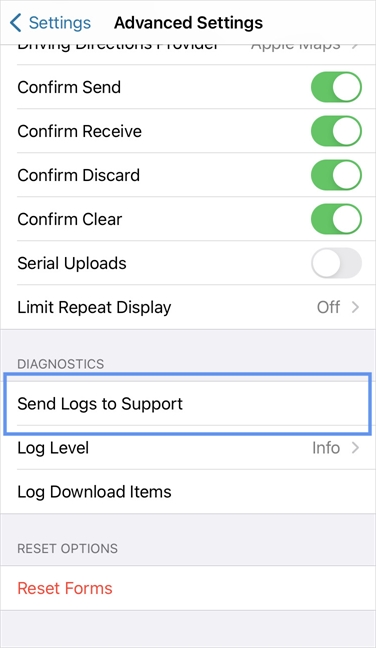 "Send Logs to Support" in the Advanced Settings menu