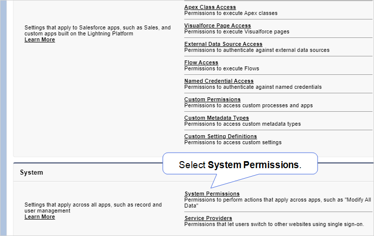 Cropped Settings page showing where to locate System Permissions.