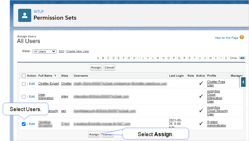 User Assignment page showing how to select and assign users.