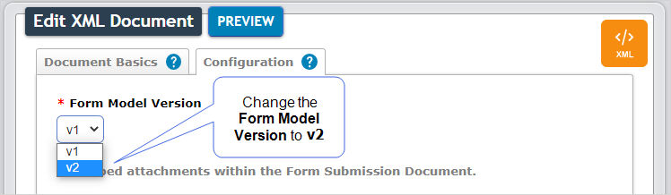 Select v2 from the Form Model Version dropdown menu