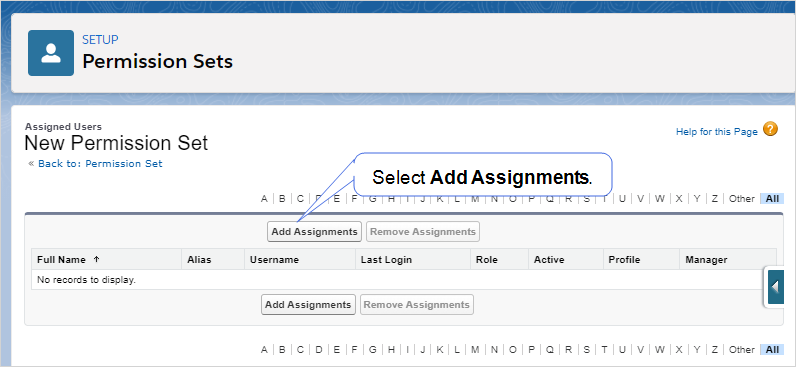 Manage Assignments page showing how to add new assignments to a permission set.