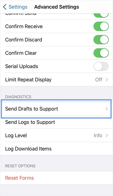 "Send Drafts to Support" in the app advanced settings