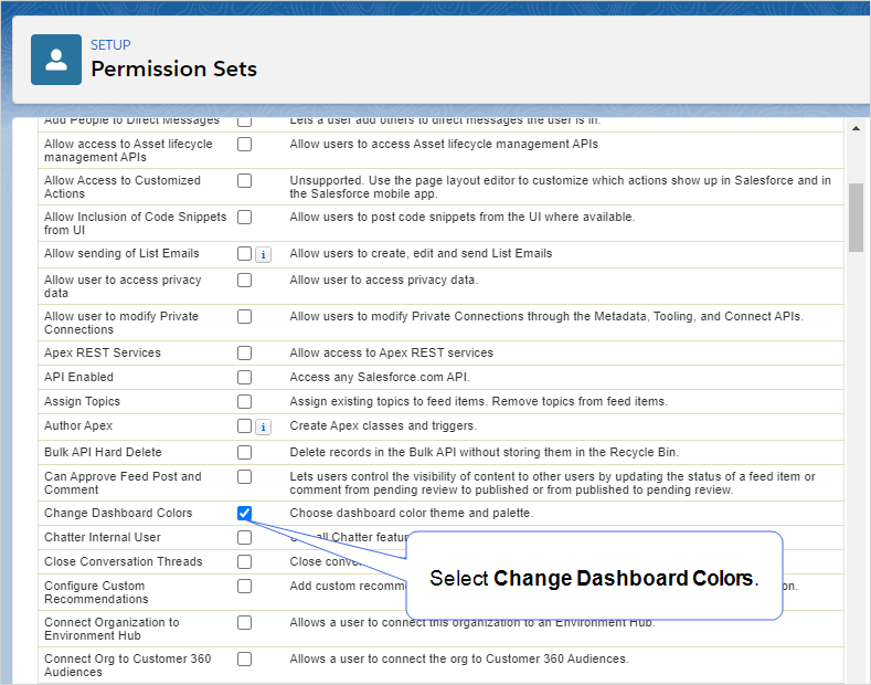 Cropped Permission Sets edit page showing how to find and select the Change Dashboard Colors permission.